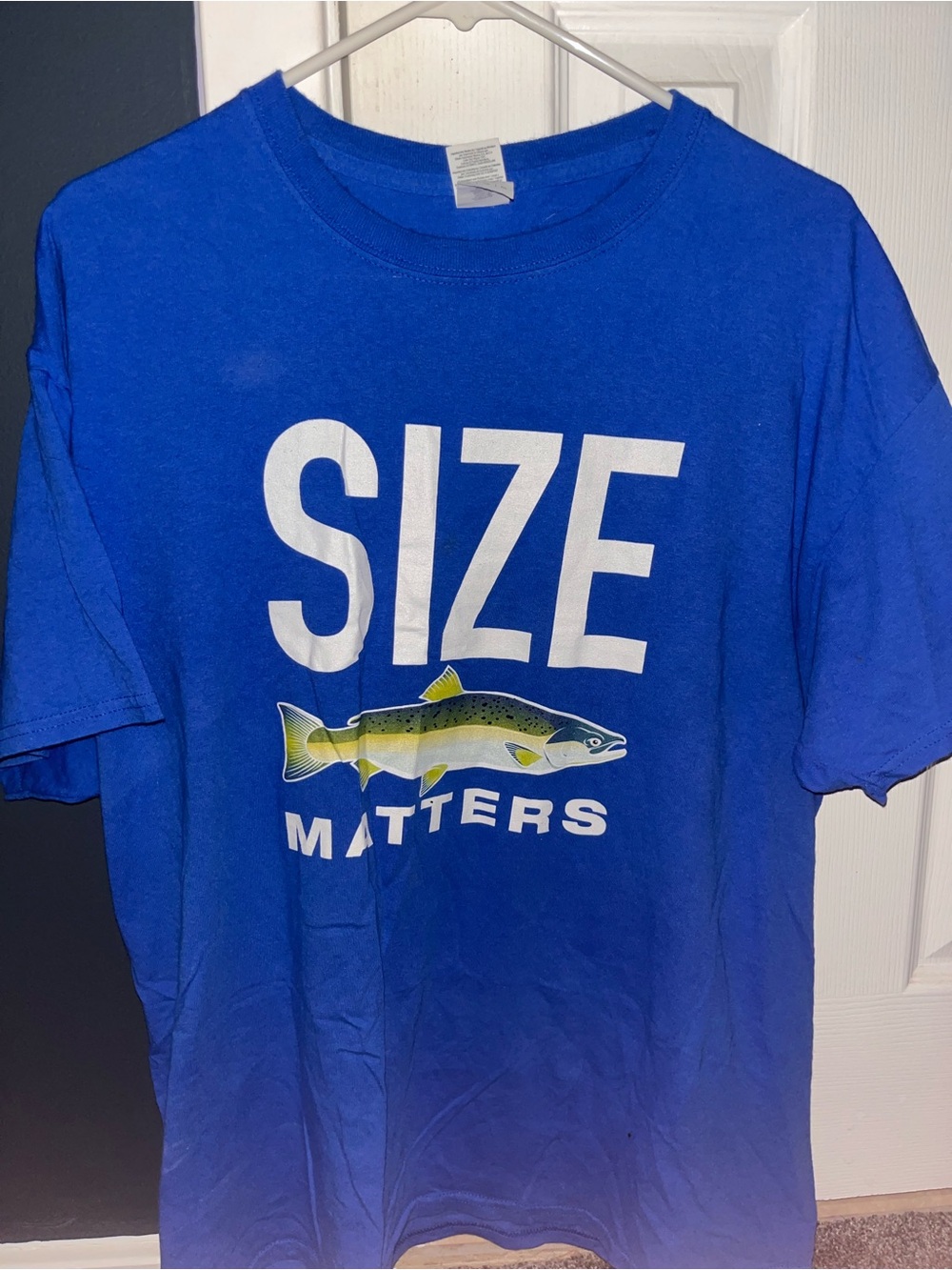 Gildan Royal Blue "Size Matters" Graphic Tee with Fish Print